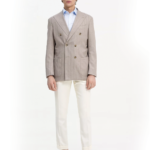 Sand double breasted blazer with linen and cotton