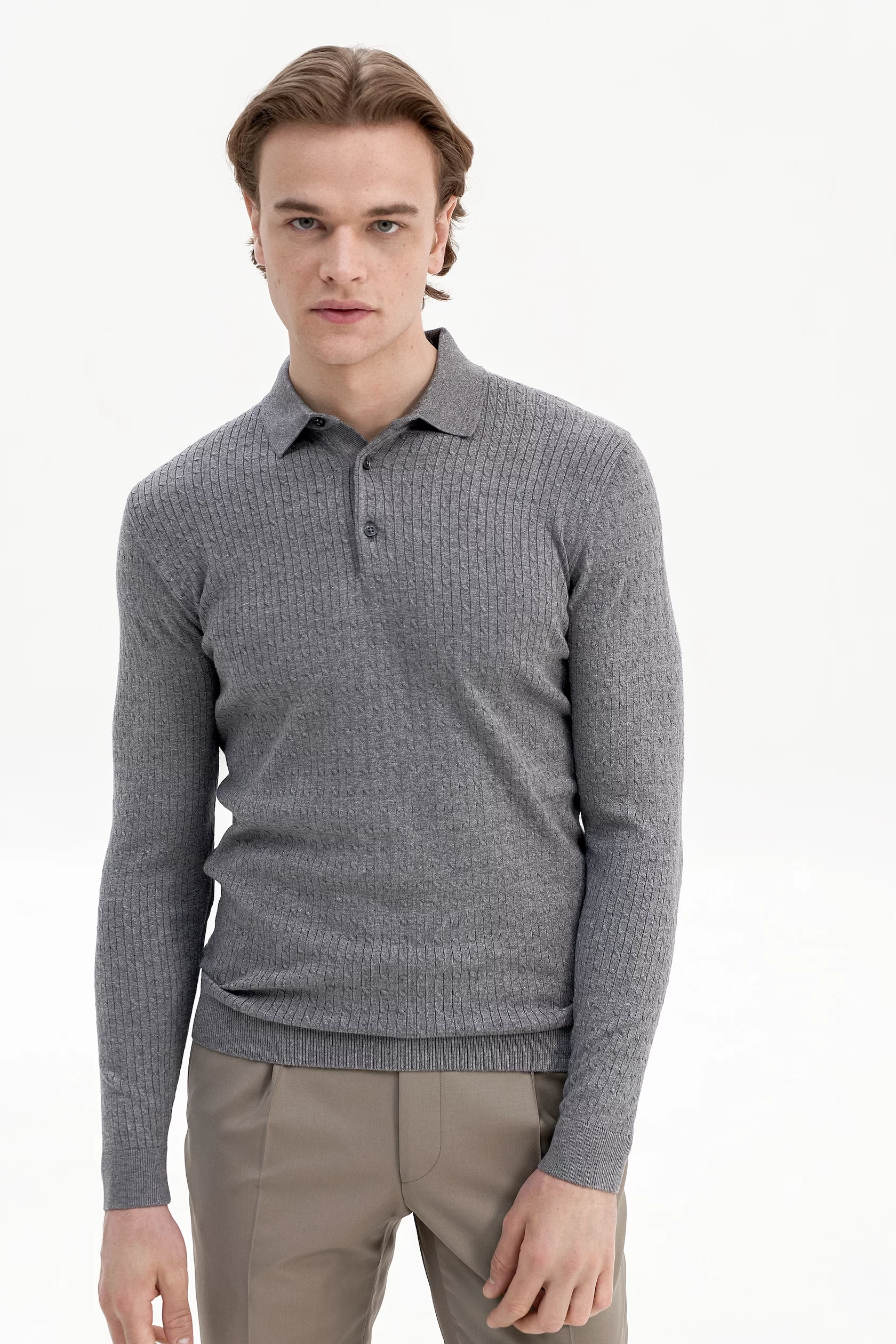 Grey Cable-knit polo long sleeves with cashmere - Image 3