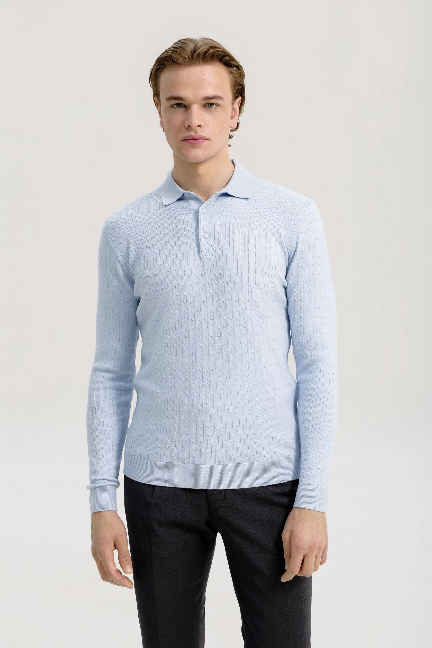 Cable-knit polo long sleeves with cashmere - Image 3