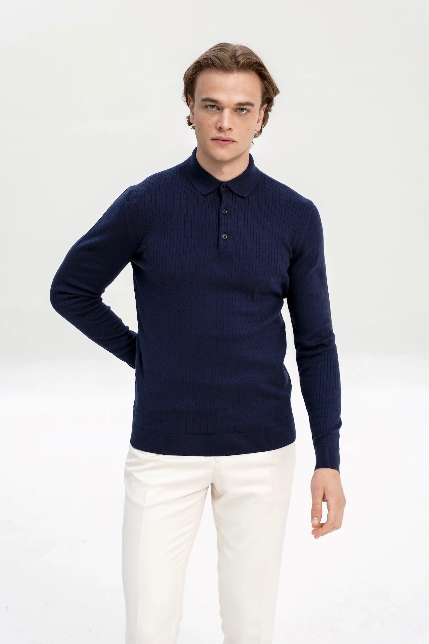 Navy blue cable-knit polo long sleeves with cashmere - Image 2