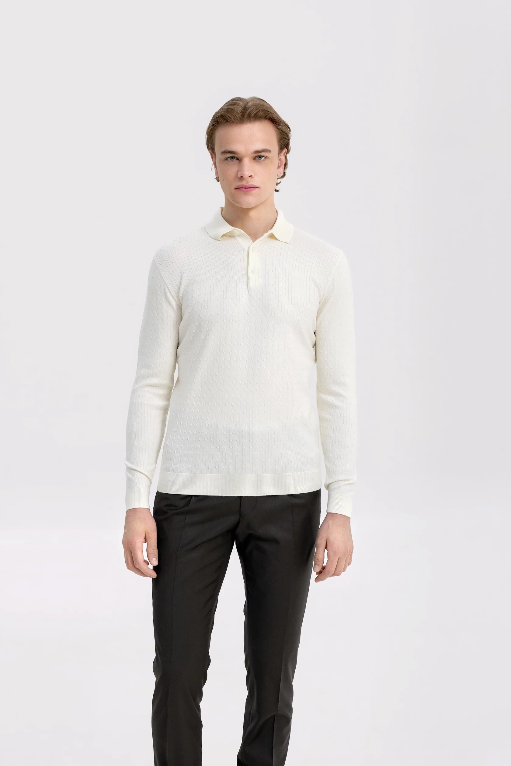 Creme cable-knit polo long sleeves with cashmere - Image 2