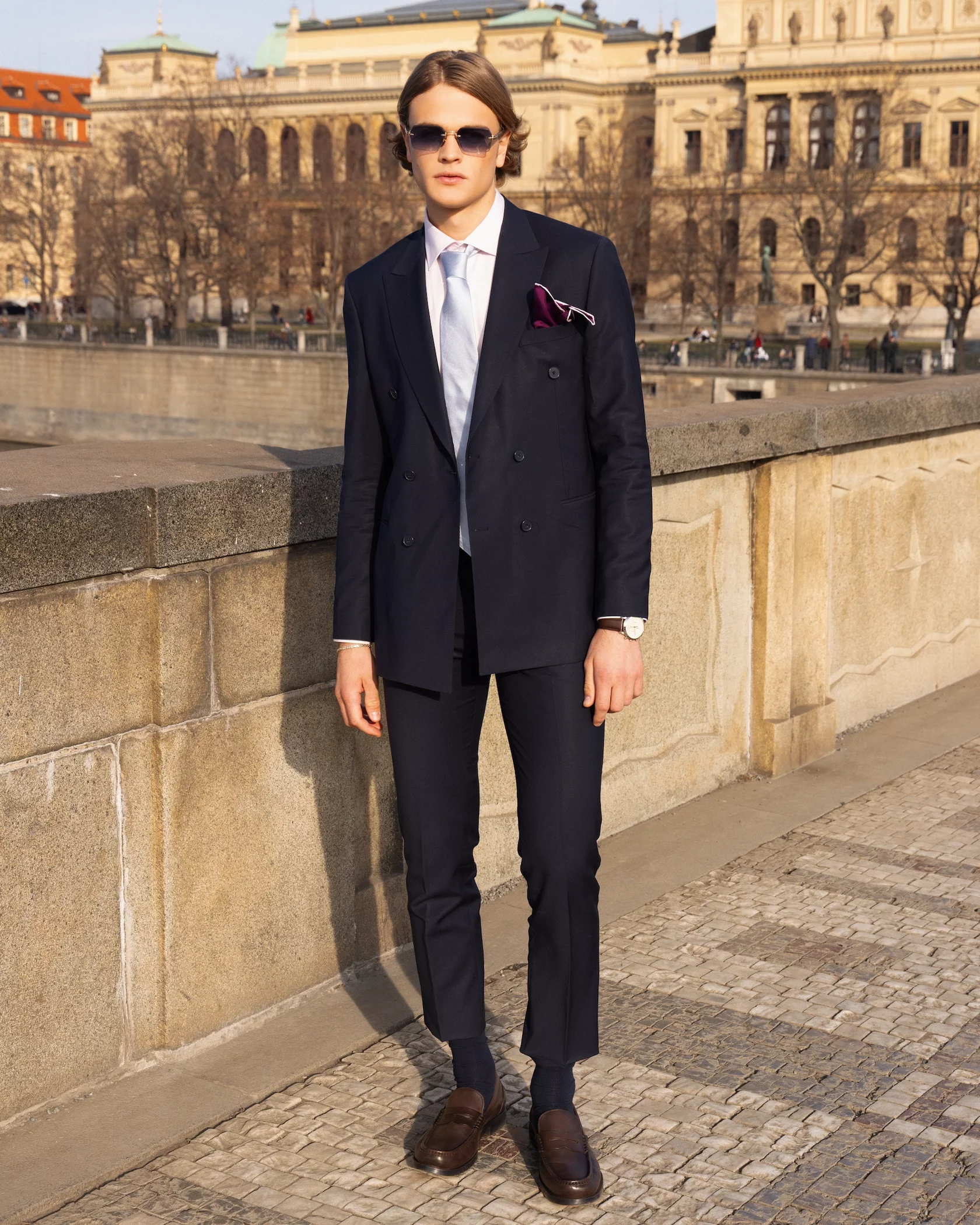 Navy blue double-breasted suit