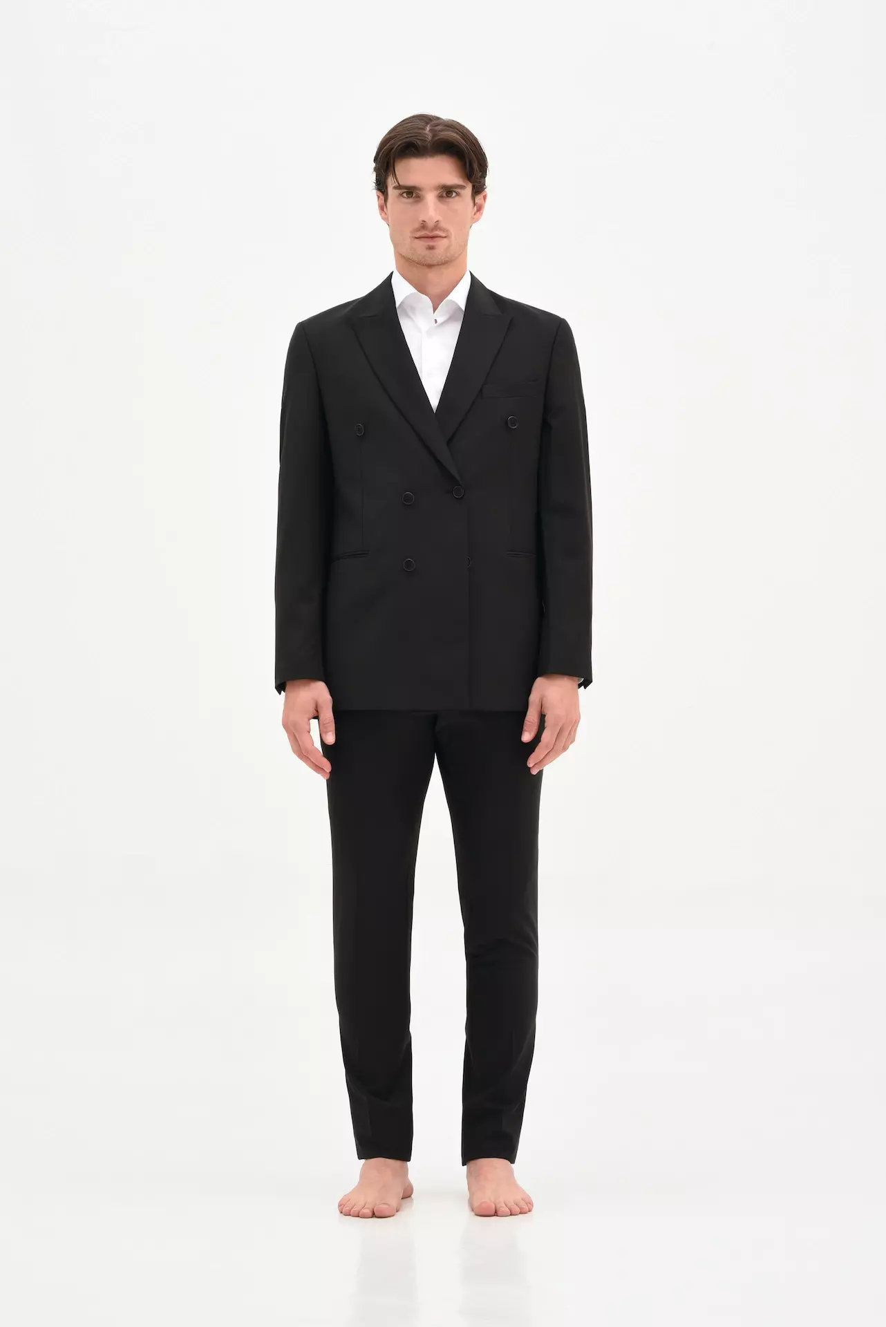 Black double-breasted wool suit