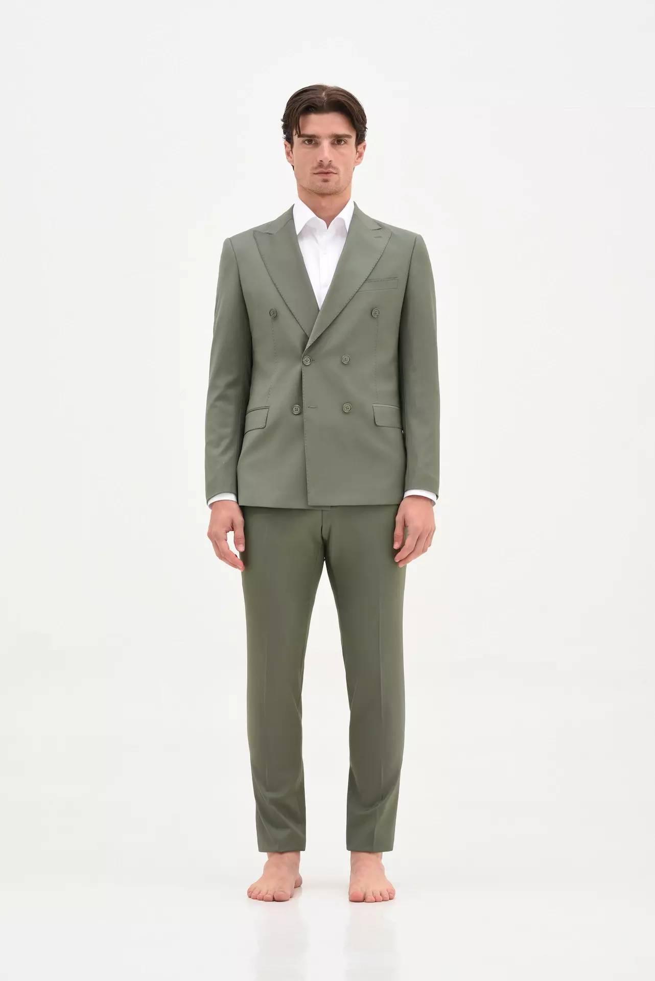 Olive green double-breasted suit