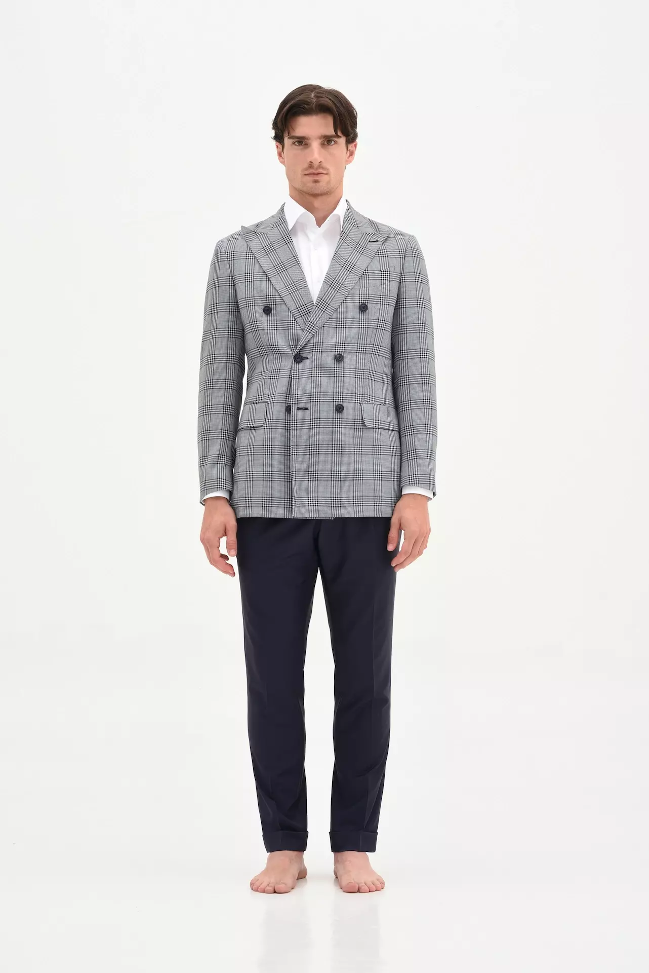 Navy blue caro double-breasted wool blazer