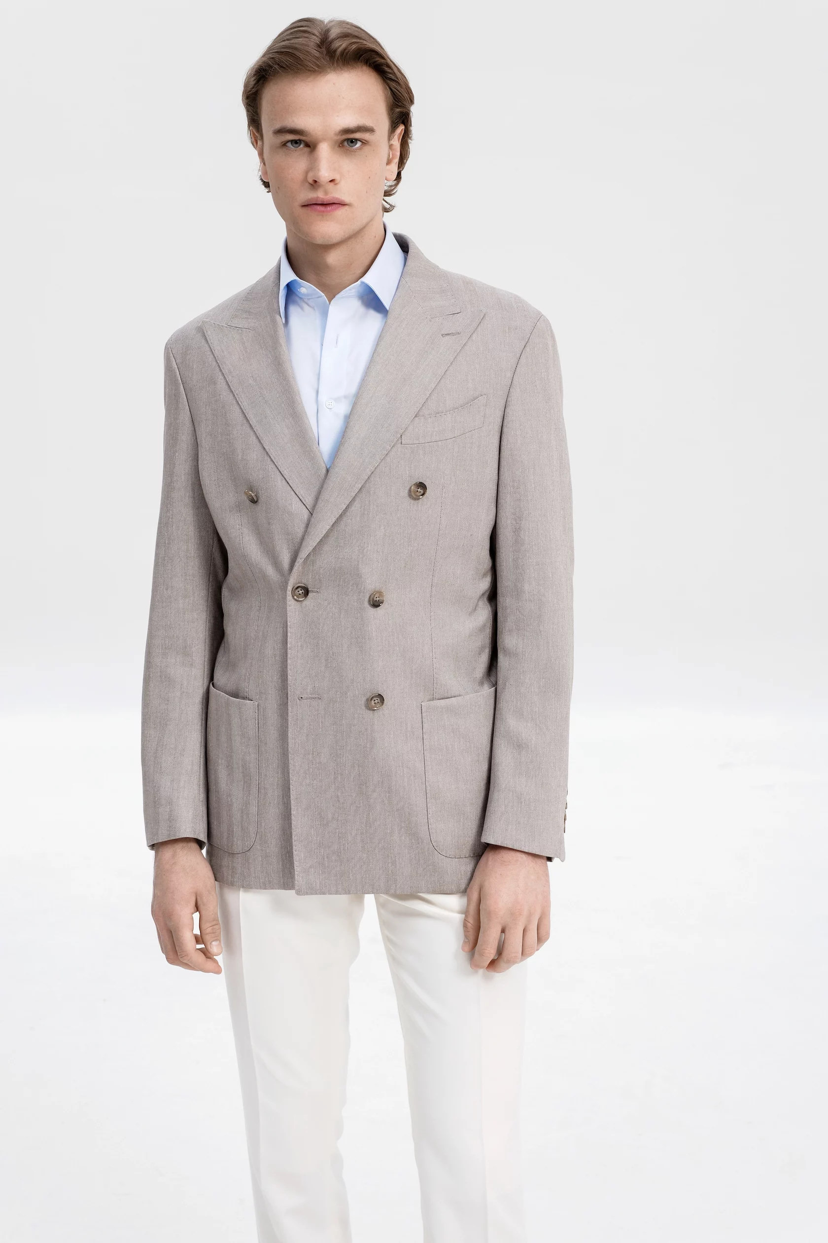 Sand double breasted blazer with linen and cotton - Image 2