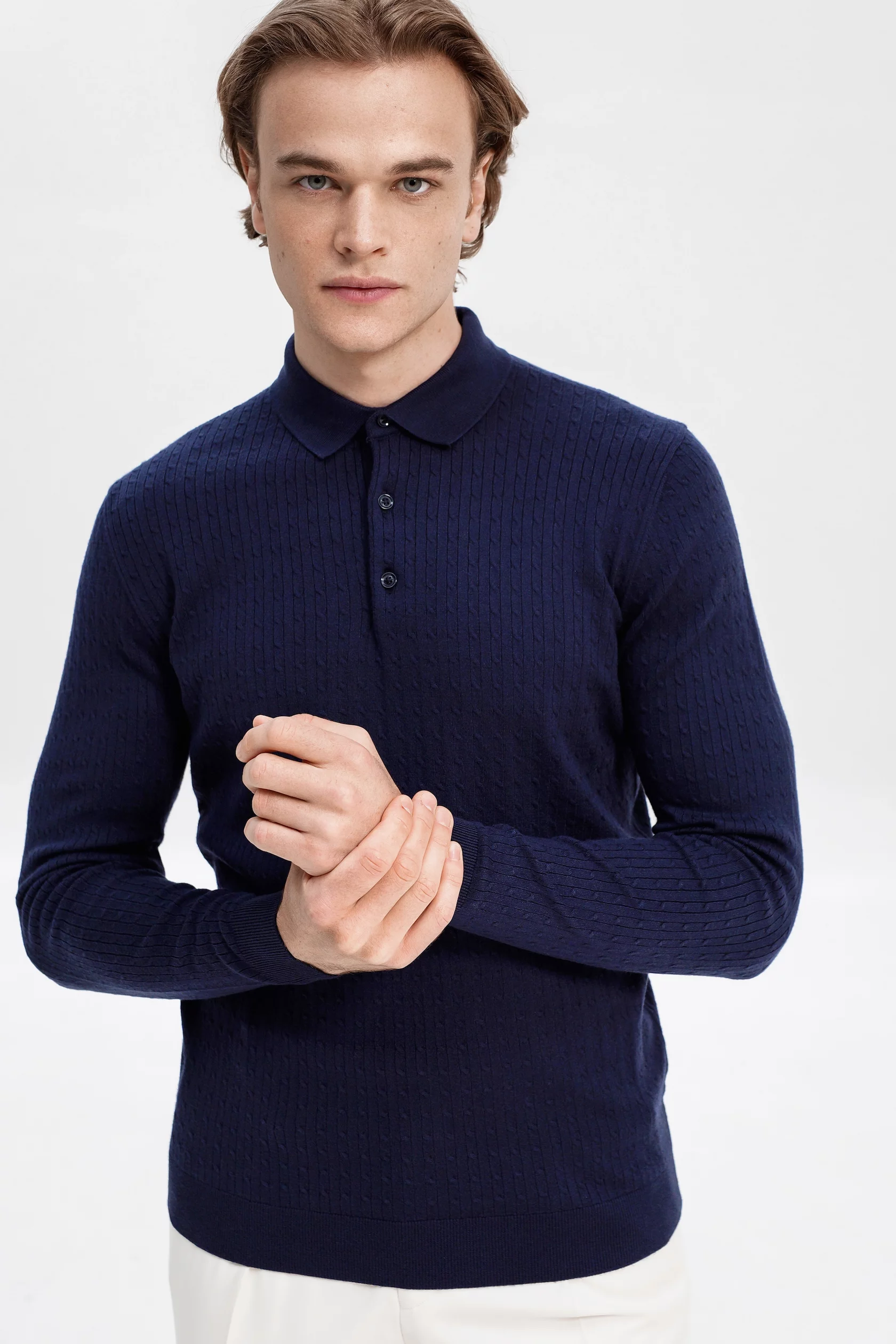 Navy blue cable-knit polo long sleeves with cashmere - Image 3