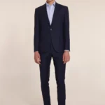 The dark blue wool suit with invisible stripes
