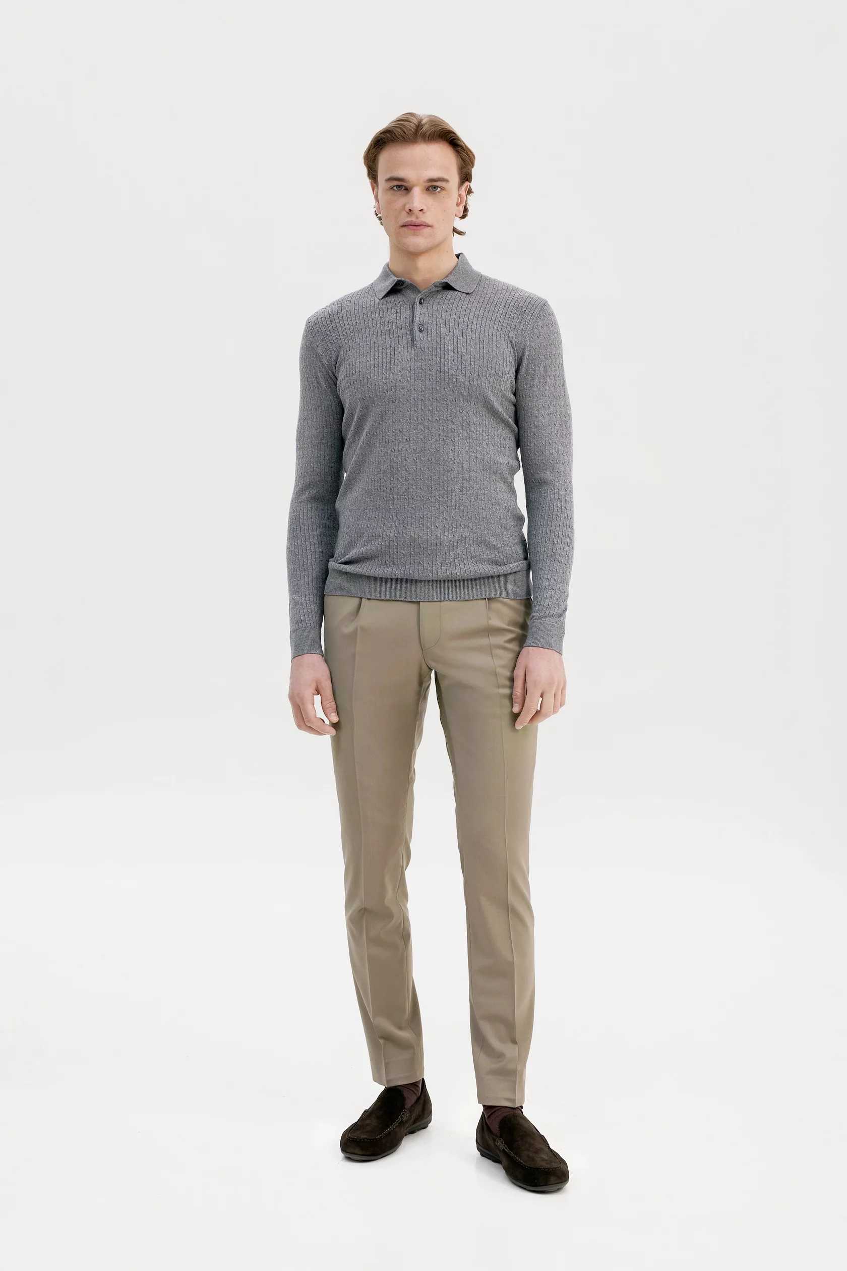 Grey Cable-knit polo long sleeves with cashmere