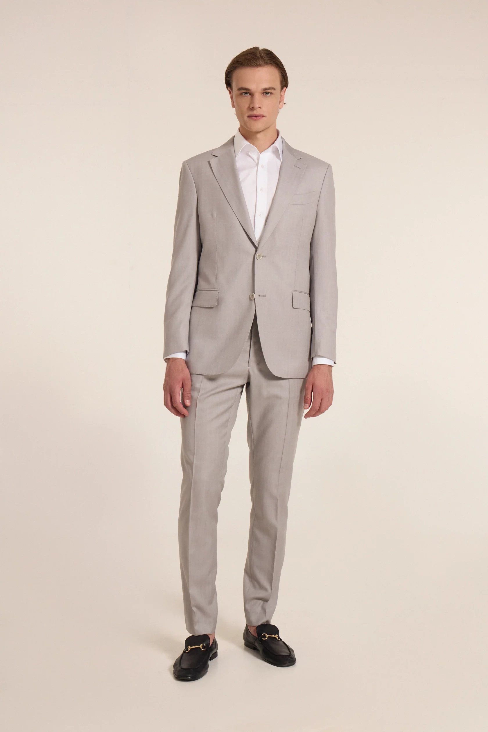 Light grey wool suit with invisible stripes