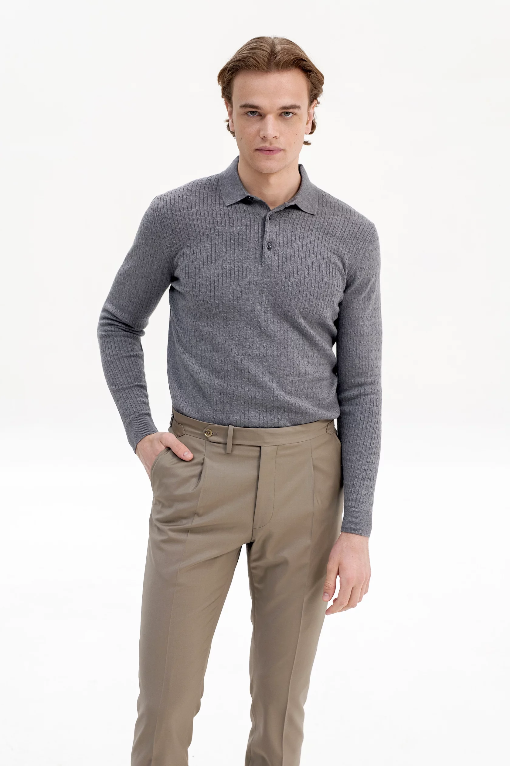 Grey Cable-knit polo long sleeves with cashmere - Image 2
