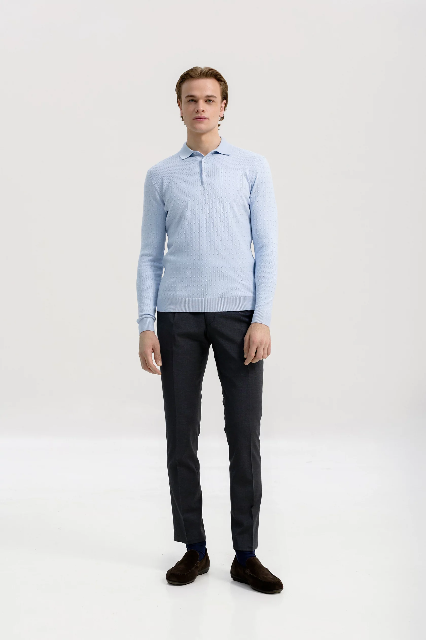 Cable-knit polo long sleeves with cashmere