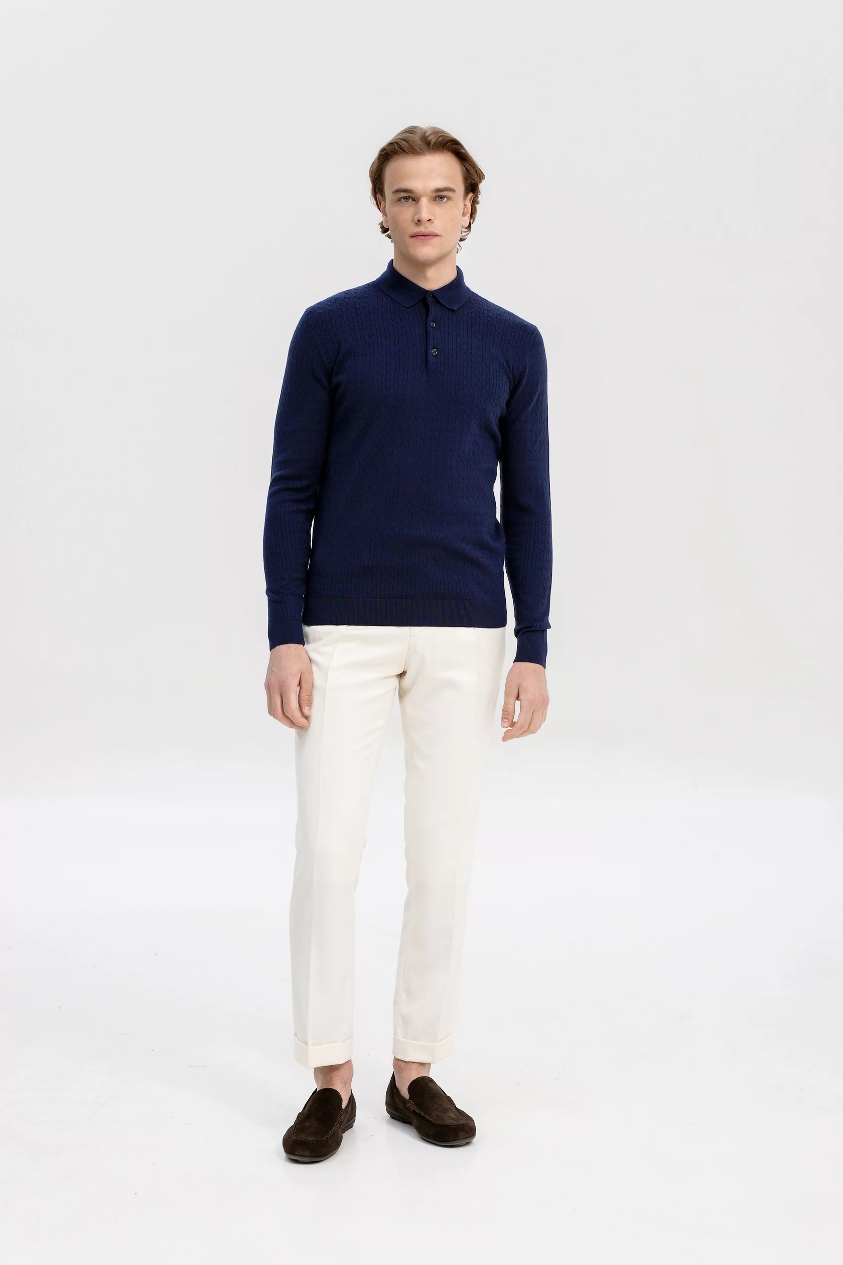 Navy blue cable-knit polo long sleeves with cashmere