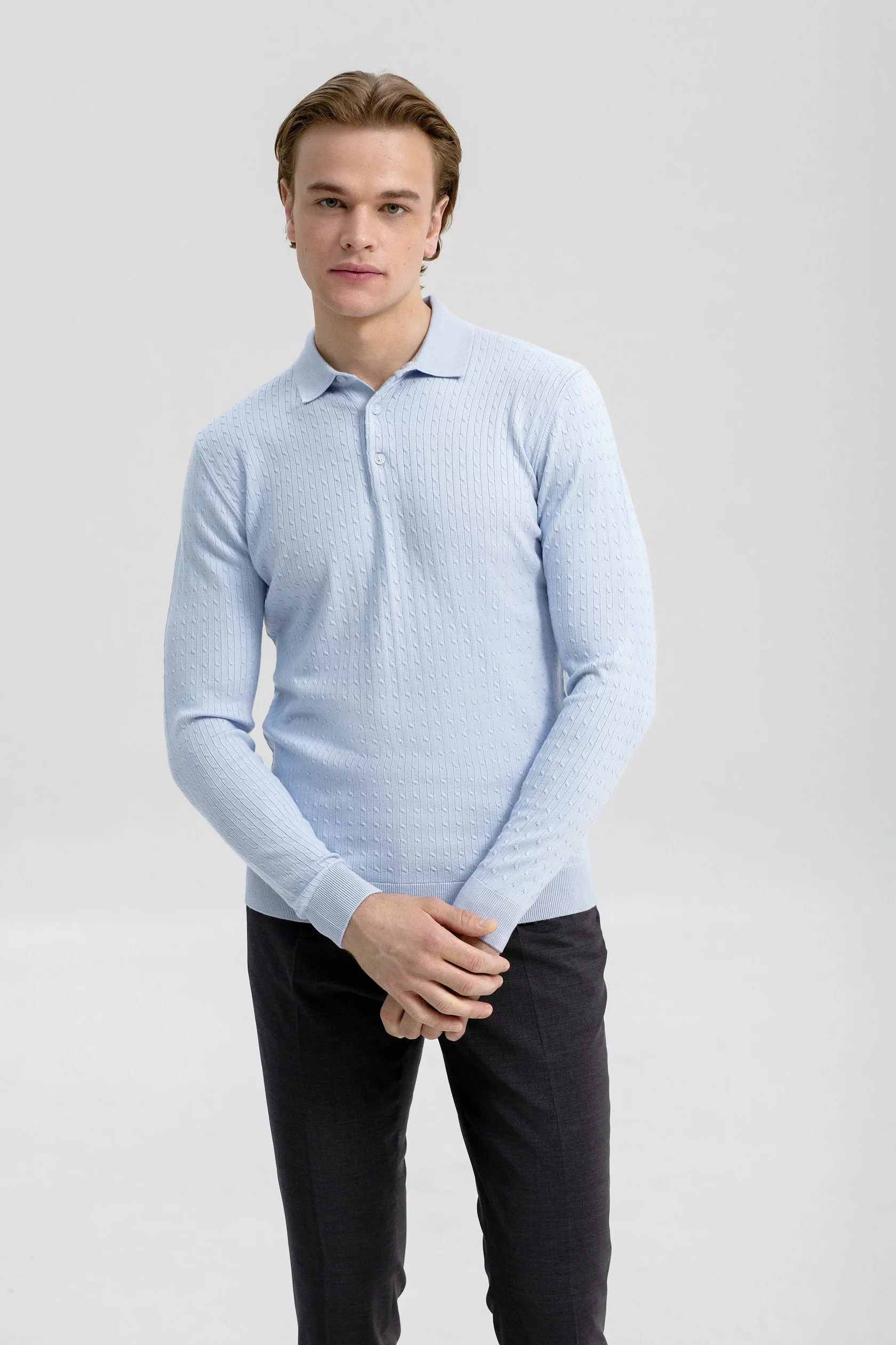 Cable-knit polo long sleeves with cashmere - Image 2